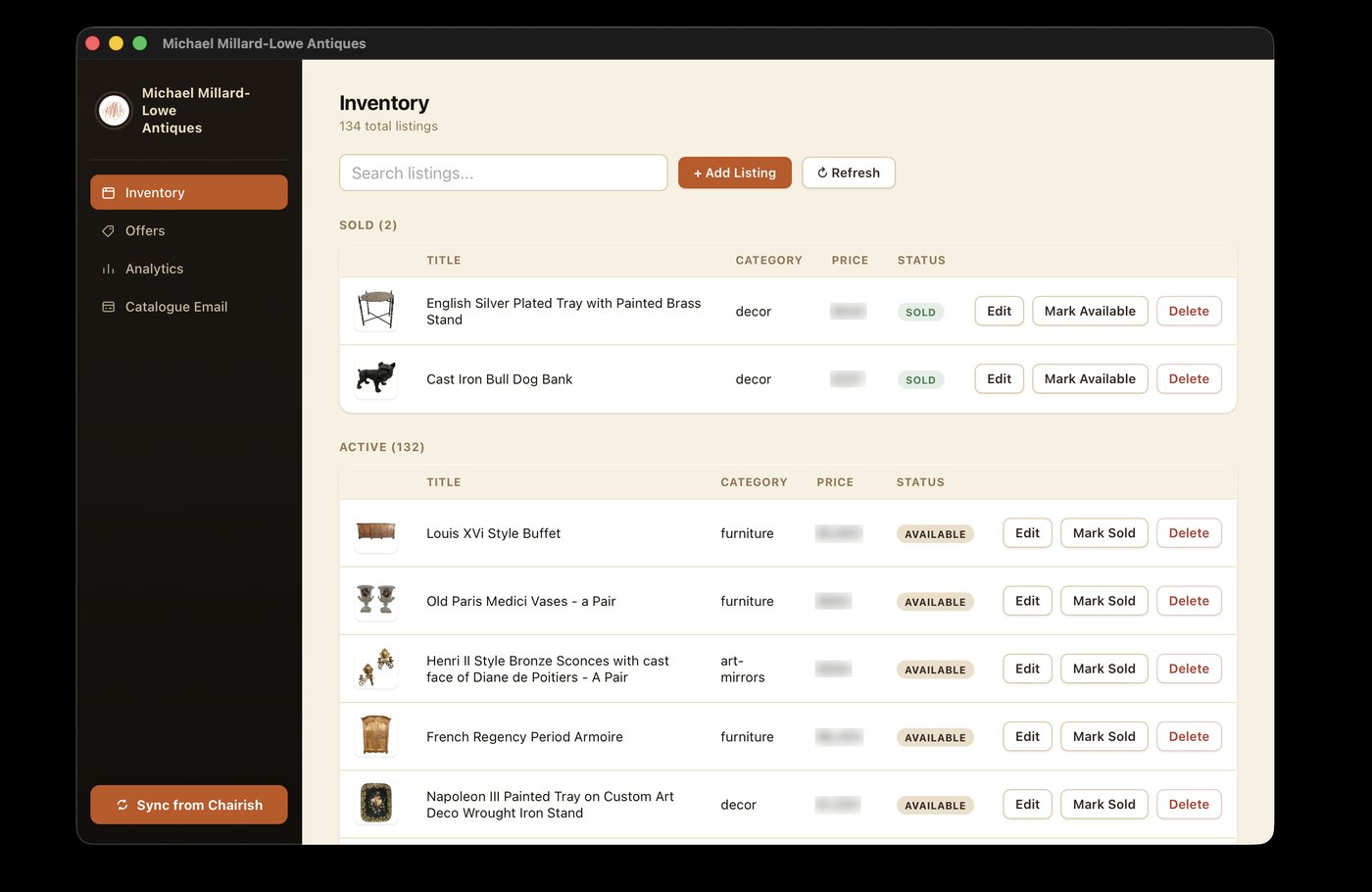 custom inventory management web app built for Michael Millard-Lowe Antiques